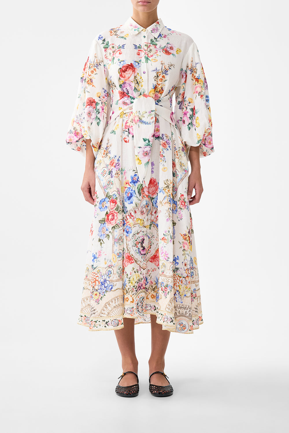 The CAMILLA WAIST TIE SHIRT DRESS WITH BUBBLE SLEEVE I LEFT MY HEART IN GRANADA in our I LEFT MY HEART IN GRANADA print.