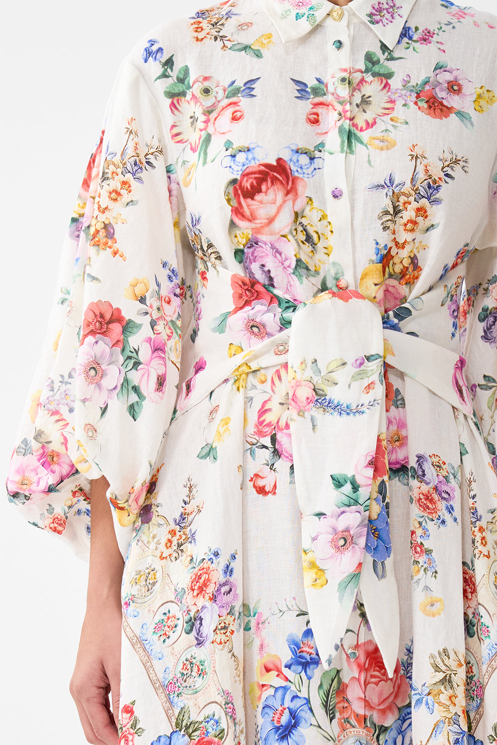 The CAMILLA WAIST TIE SHIRT DRESS WITH BUBBLE SLEEVE I LEFT MY HEART IN GRANADA in our  print.