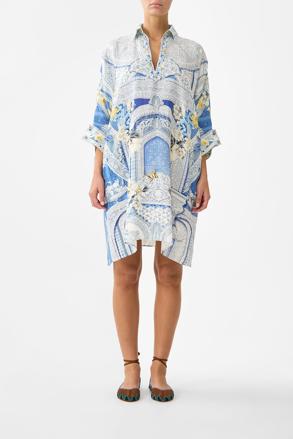 The CAMILLA wide body collared kaftan in our print De Nada Granada. Front model view.