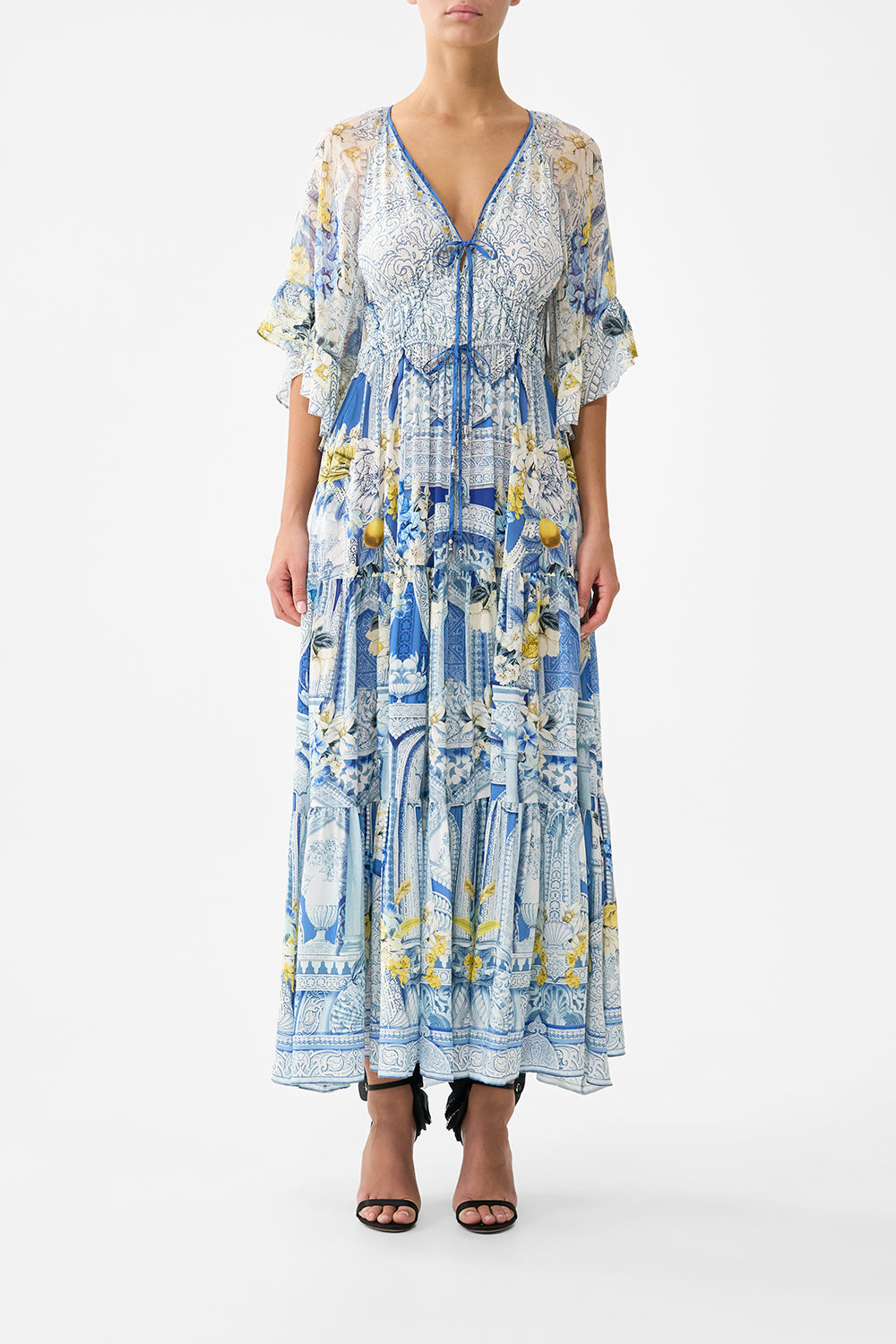 The CAMILLA RUFFLE SLEEVE LONG DRESS DE NADA GRANADA in our DE NADA GRANADA print.