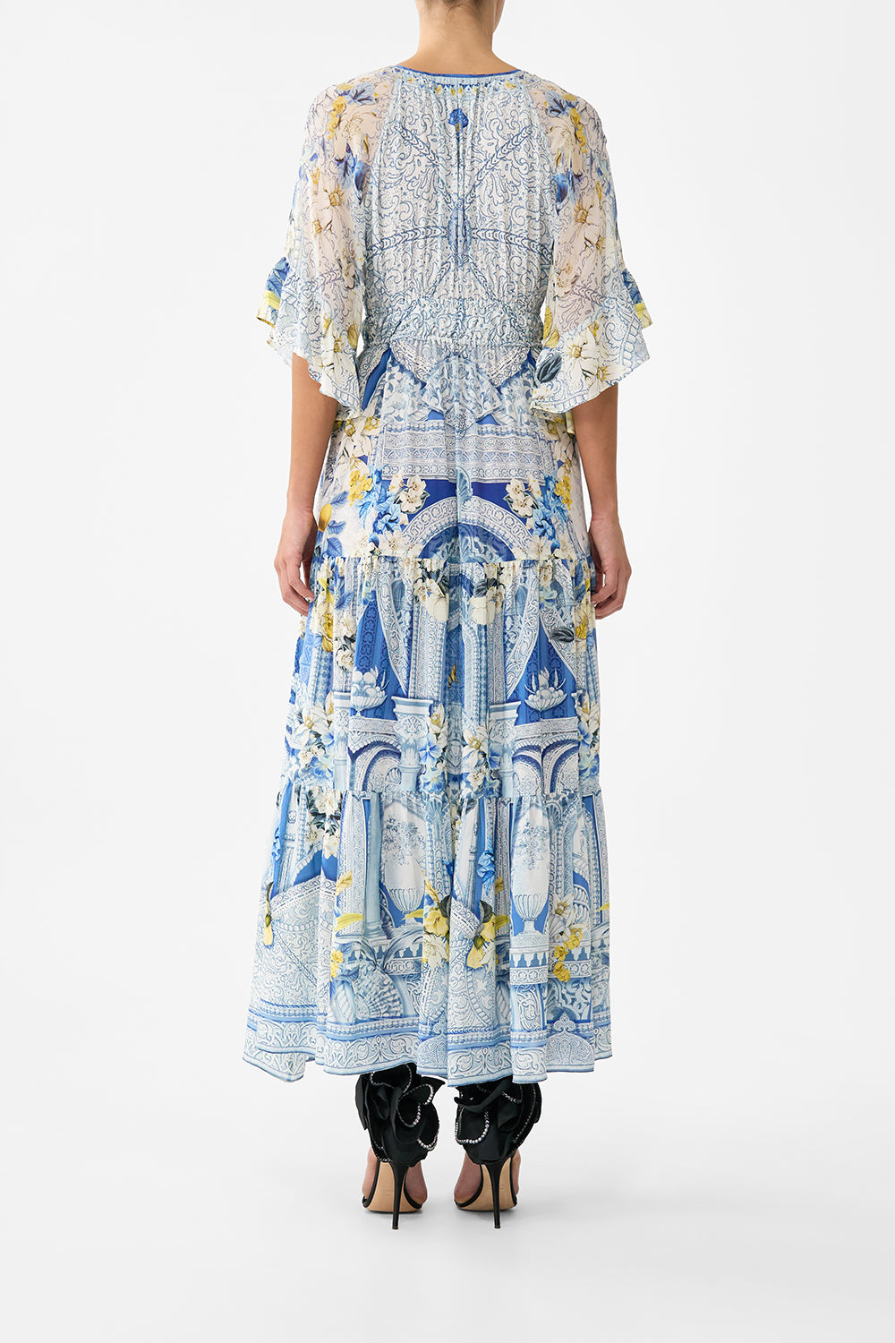 The CAMILLA RUFFLE SLEEVE LONG DRESS DE NADA GRANADA in our  print.