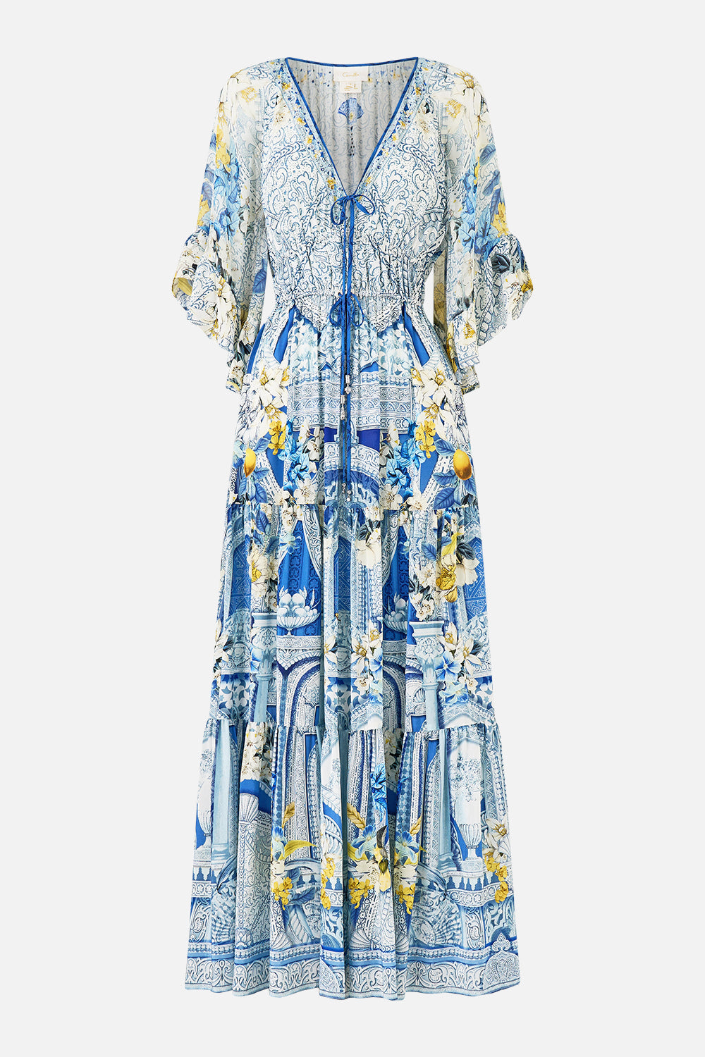The CAMILLA RUFFLE SLEEVE LONG DRESS DE NADA GRANADA in our  print.