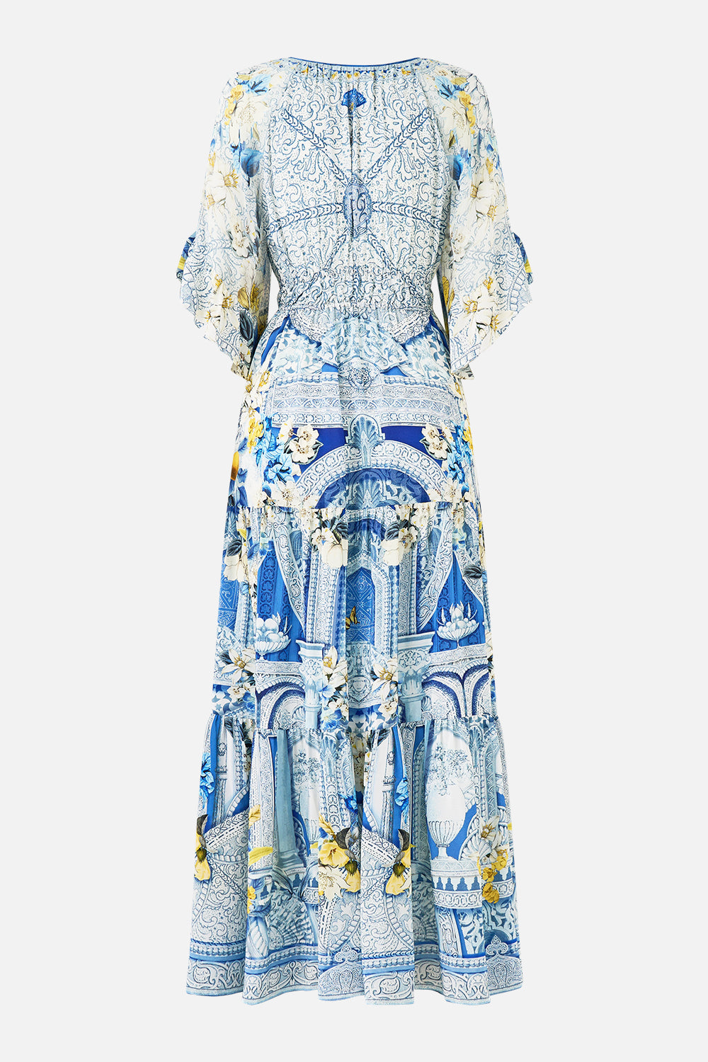 The CAMILLA RUFFLE SLEEVE LONG DRESS DE NADA GRANADA in our  print.
