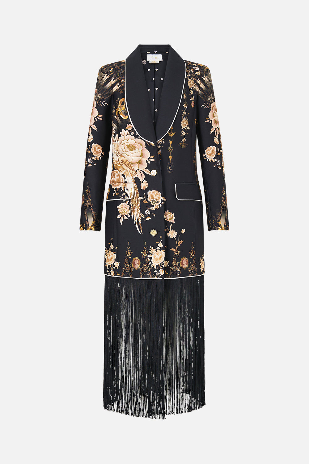 The CAMILLA blazer with fringing in our print Flamenco Folklore. Front view.