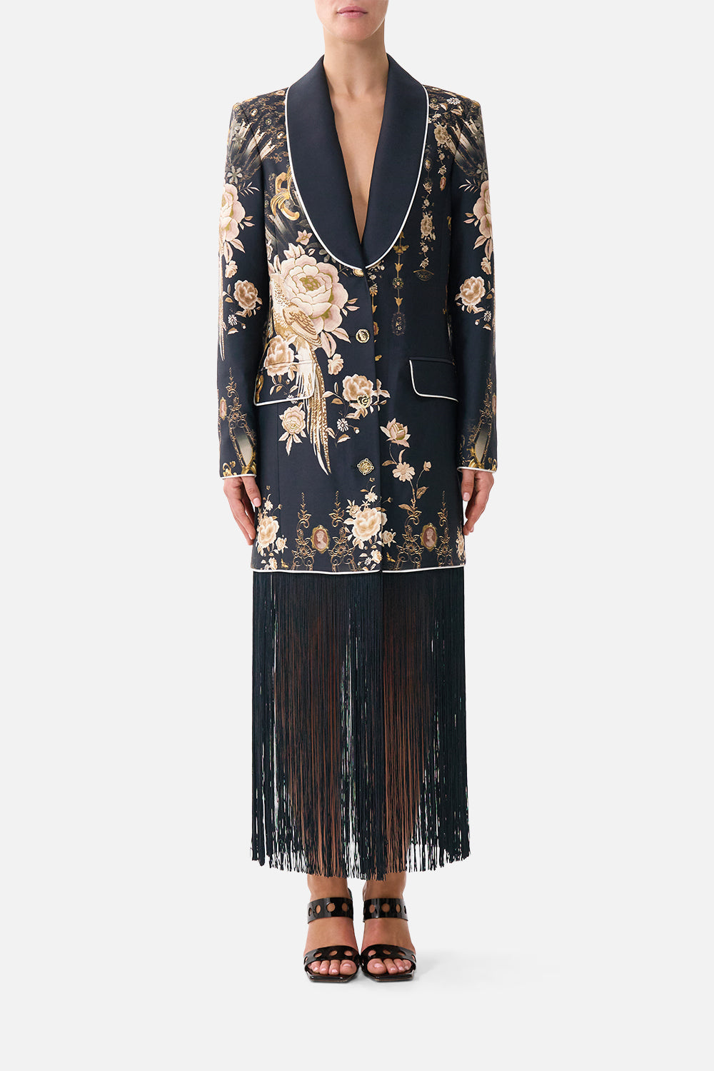 The CAMILLA blazer with fringing in our print Flamenco Folklore. Front model view.