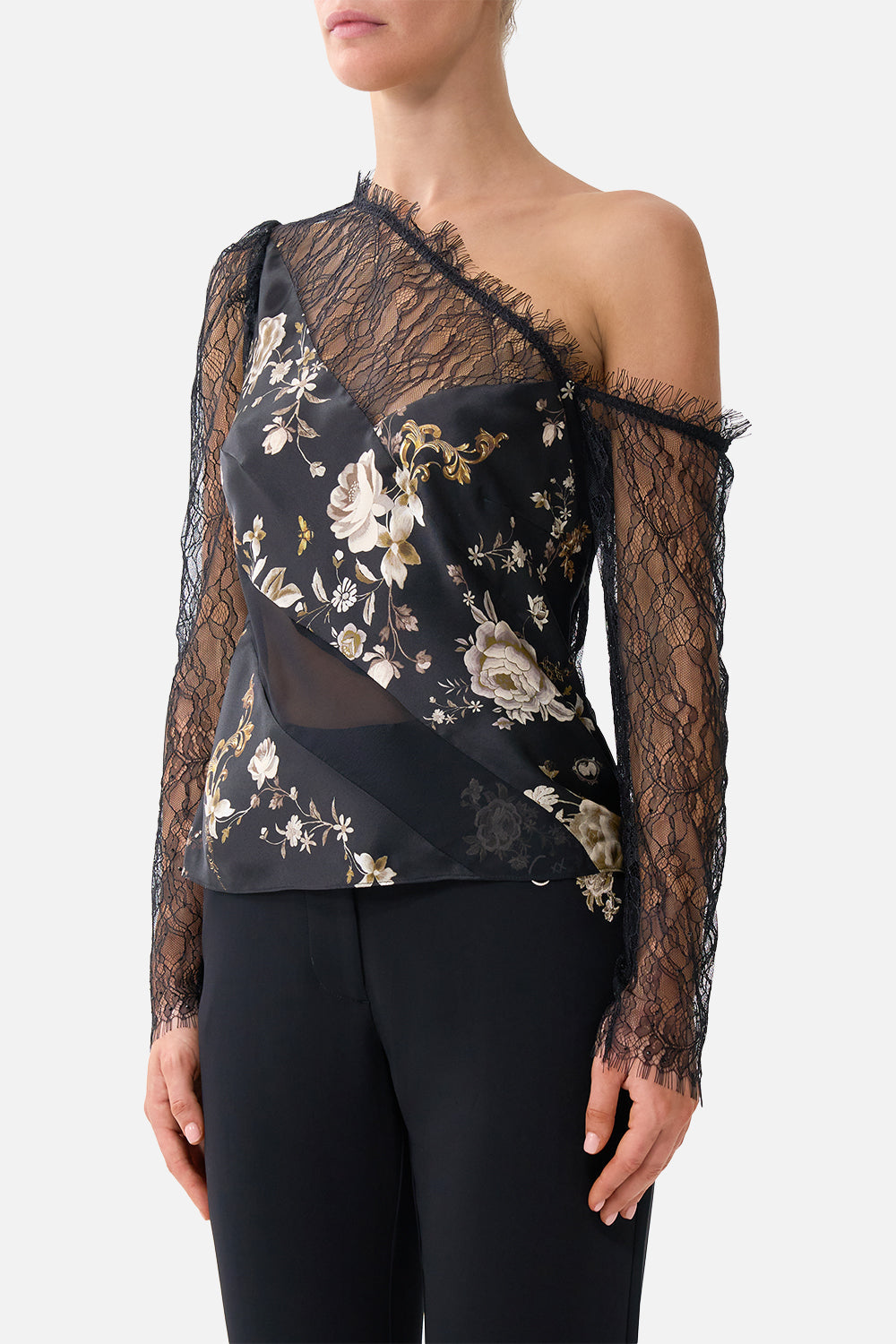 The CAMILLA LACE SPLICE ONE SHOULDER TOP FLAMENCO FOLKLORE in our  print.
