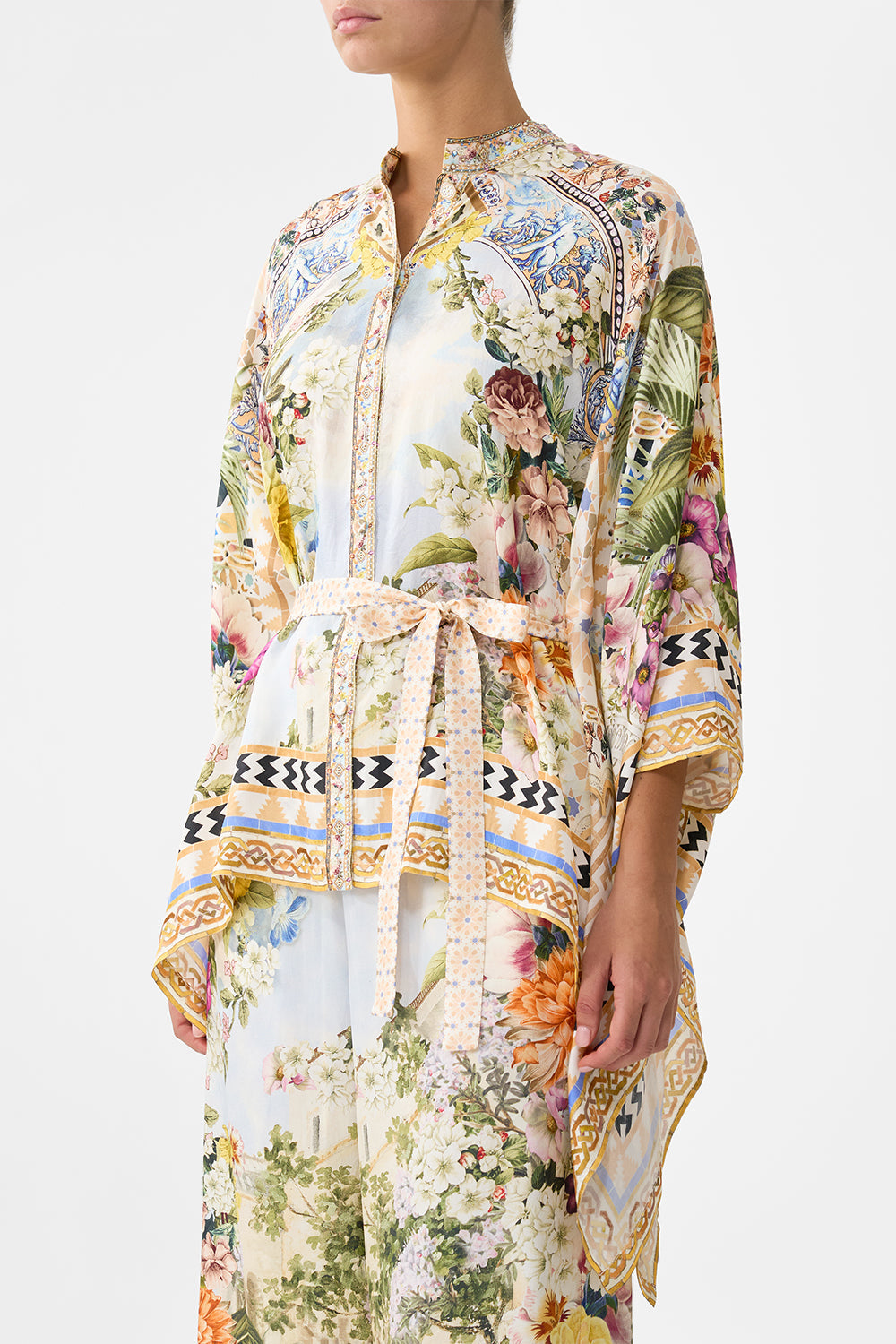 The CAMILLA button through scarf blouse in our print The Architects of Alcázar.