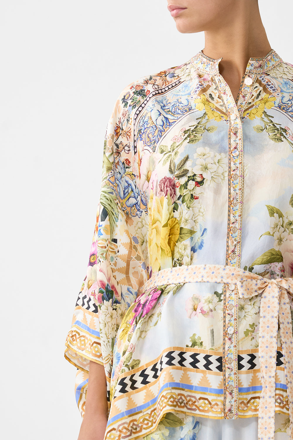 The CAMILLA button through scarf blouse in our print The Architects of Alcázar.