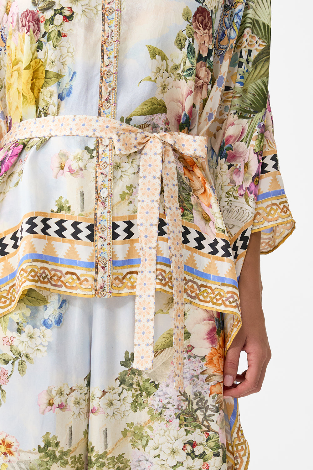 The CAMILLA button through scarf blouse in our print The Architects of Alcázar.