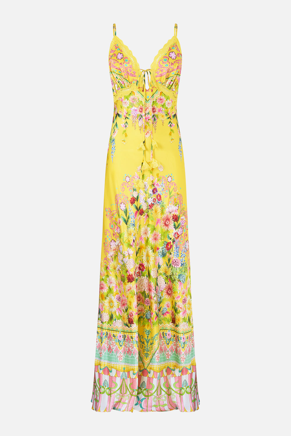 The CAMILLA bias slip dress with lace edge detail in our print Lady Limonada. Front view.