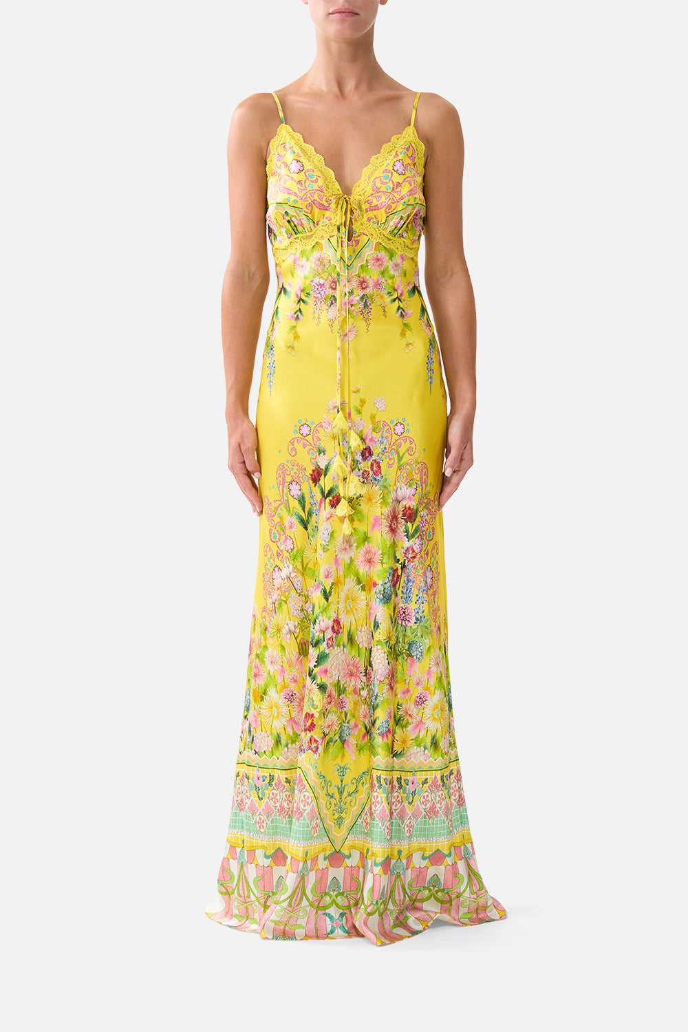 The CAMILLA bias slip dress with lace edge detail in our print Lady Limonada. Front model view.
