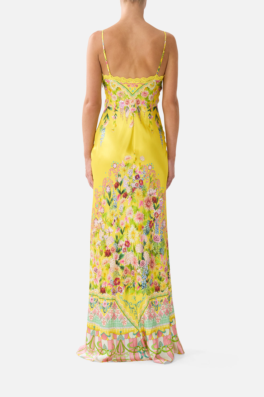 The CAMILLA bias slip dress with lace edge detail in our print Lady Limonada. Back model view.