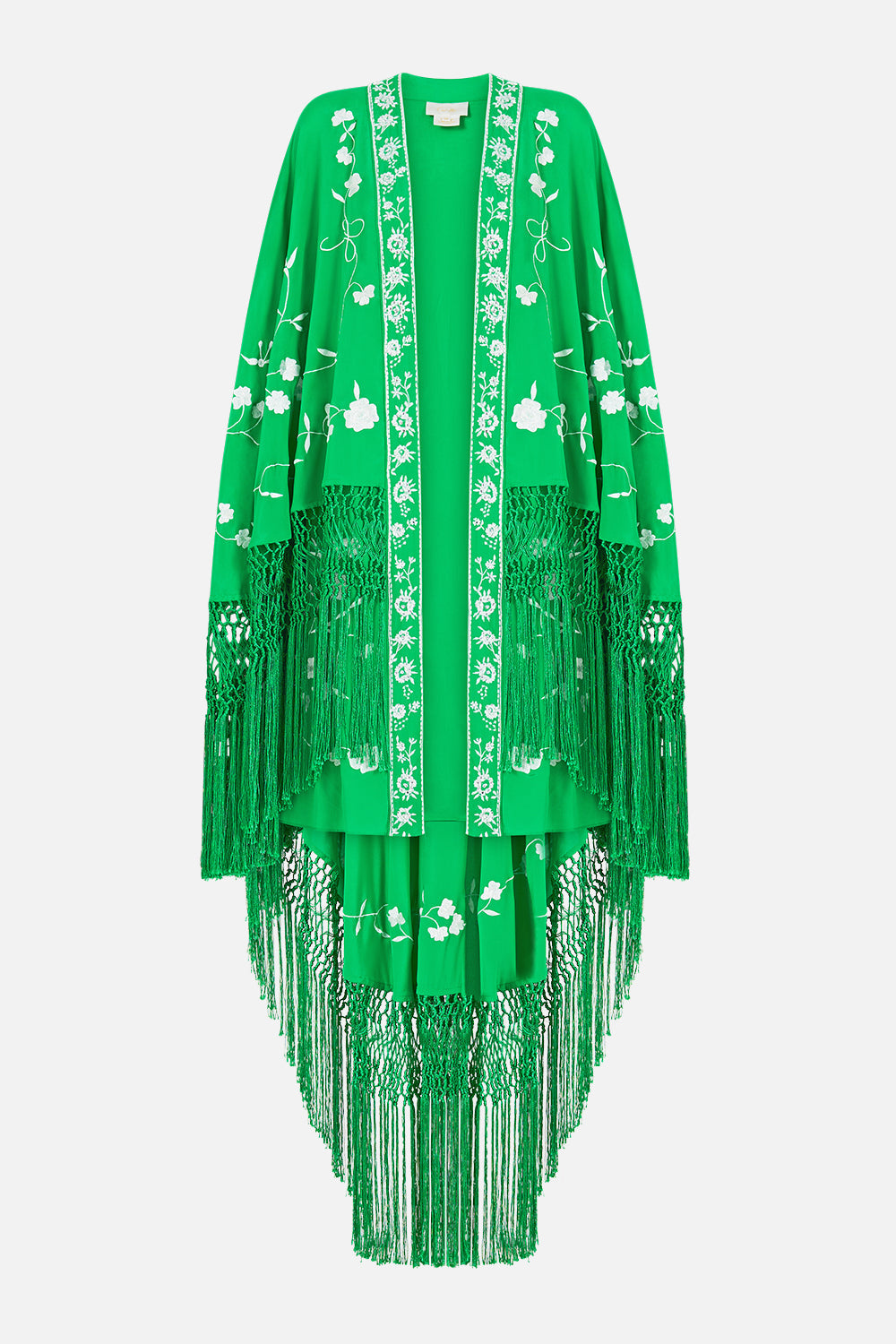 The CAMILLA draped high low layer in our print Sacromonte Señorita. Front view.