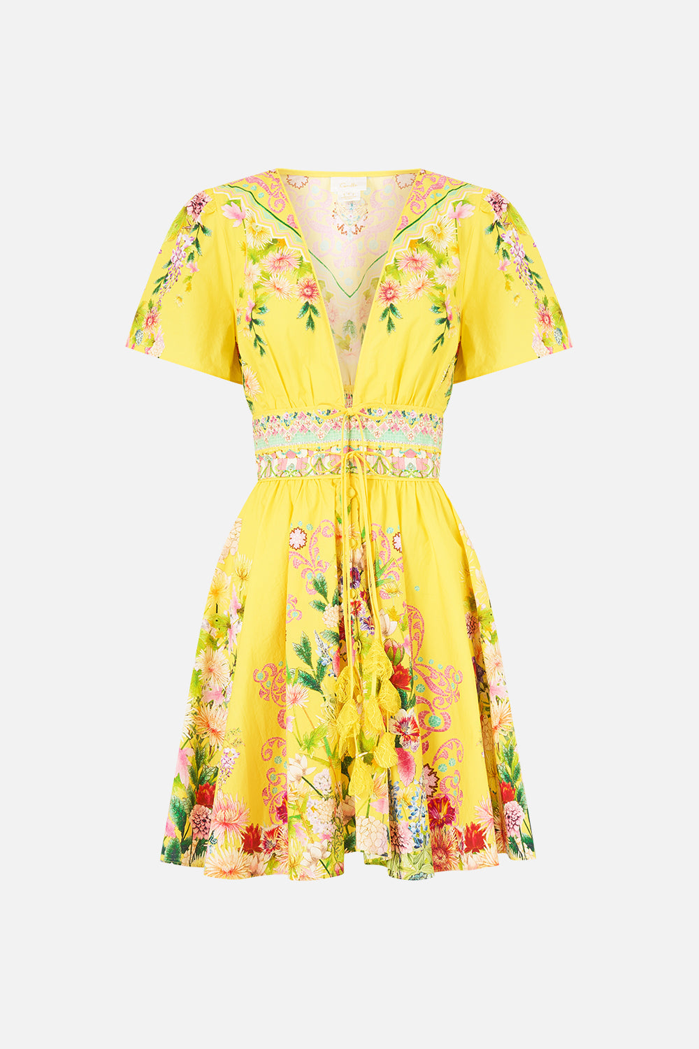 The CAMILLA DEEP V MINI DRESS WITH TIES LADY LIMONADA in our  print.
