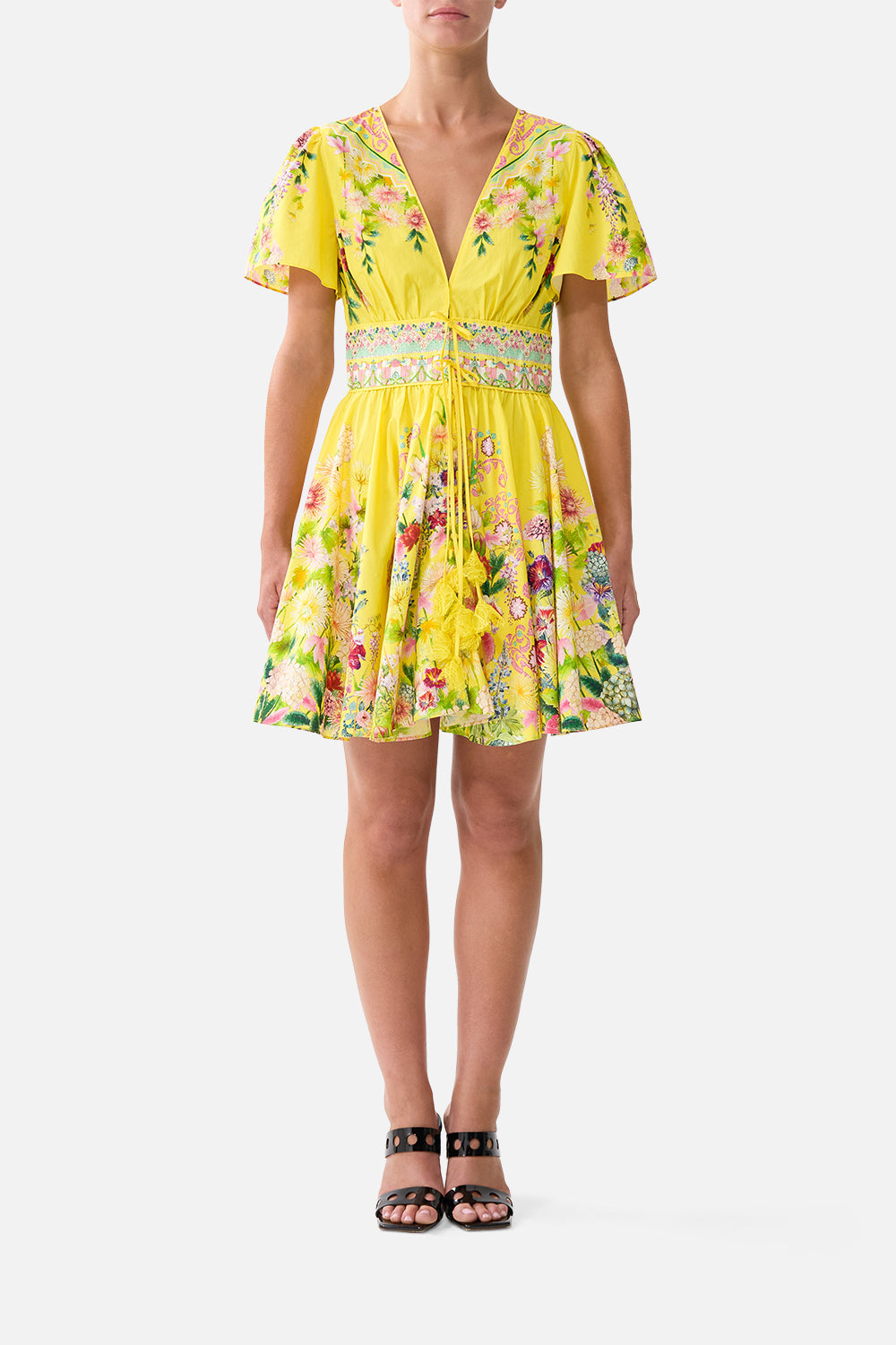 The CAMILLA DEEP V MINI DRESS WITH TIES LADY LIMONADA in our LADY LIMONADA print.