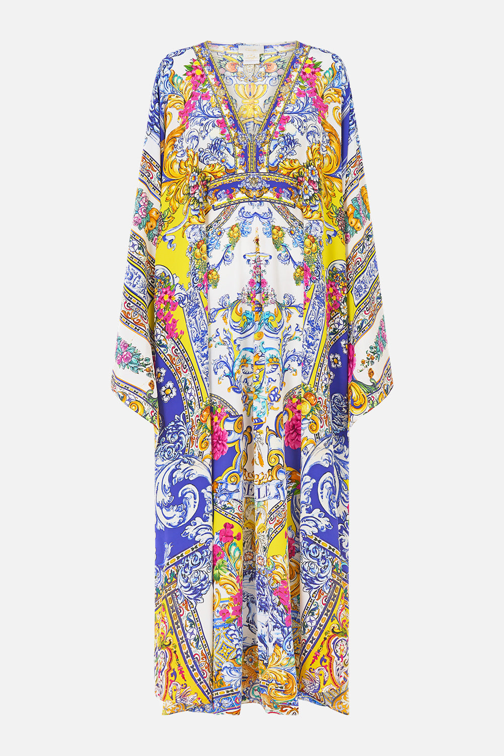 The CAMILLA LONG KAFTAN WITH WAIST DETAIL ESPAÑA NIRVANA in our  print.