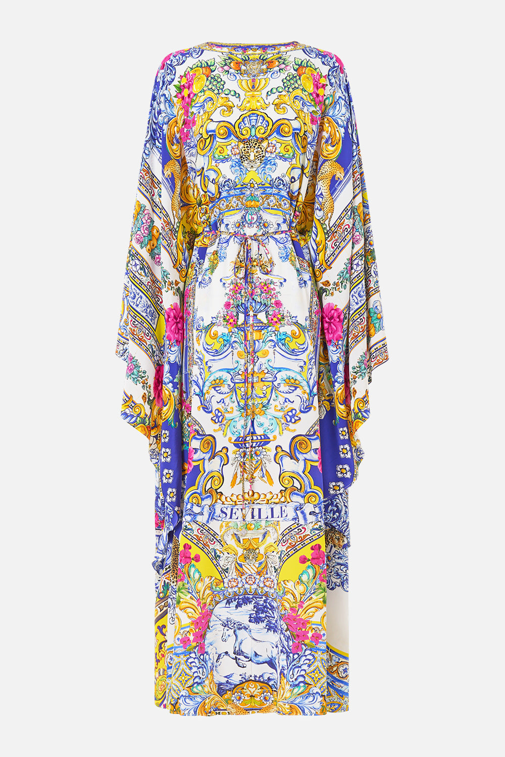The CAMILLA LONG KAFTAN WITH WAIST DETAIL ESPAÑA NIRVANA in our  print.