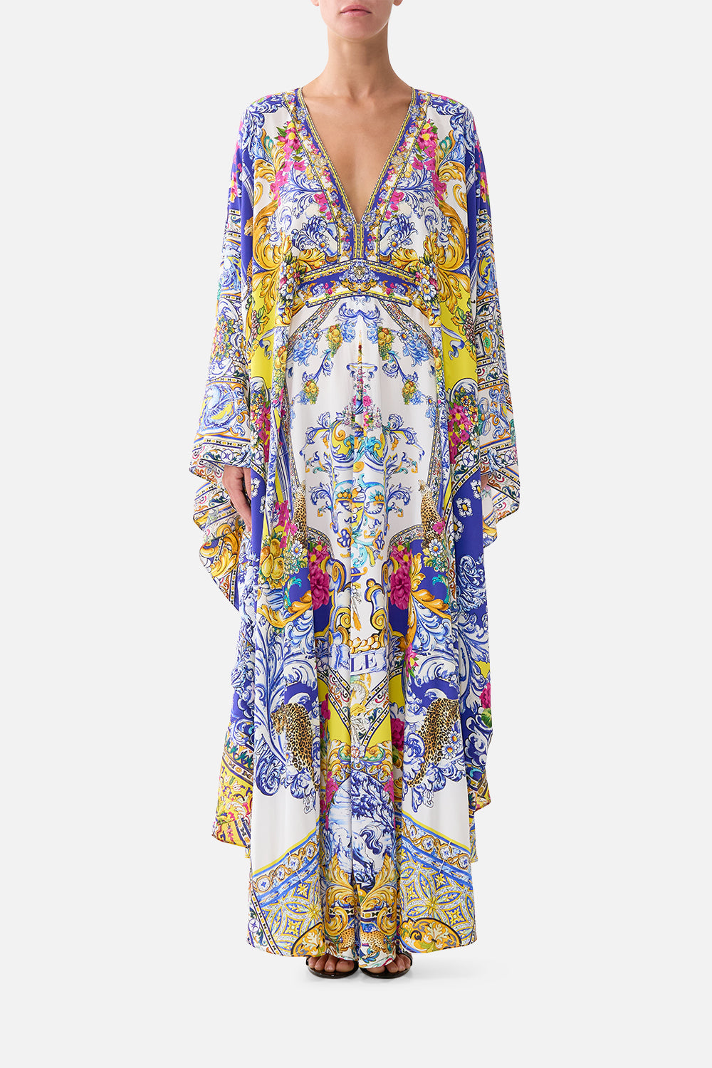 The CAMILLA LONG KAFTAN WITH WAIST DETAIL ESPAÑA NIRVANA in our ESPAÑA NIRVANA print.