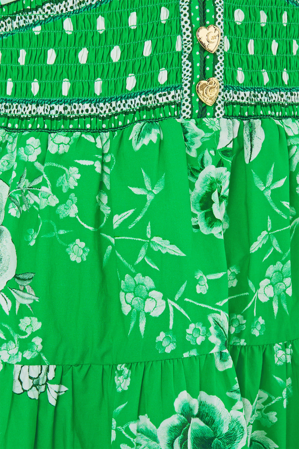 The CAMILLA tiered short dress with neck frill in our print Sacromonte Señorita.
