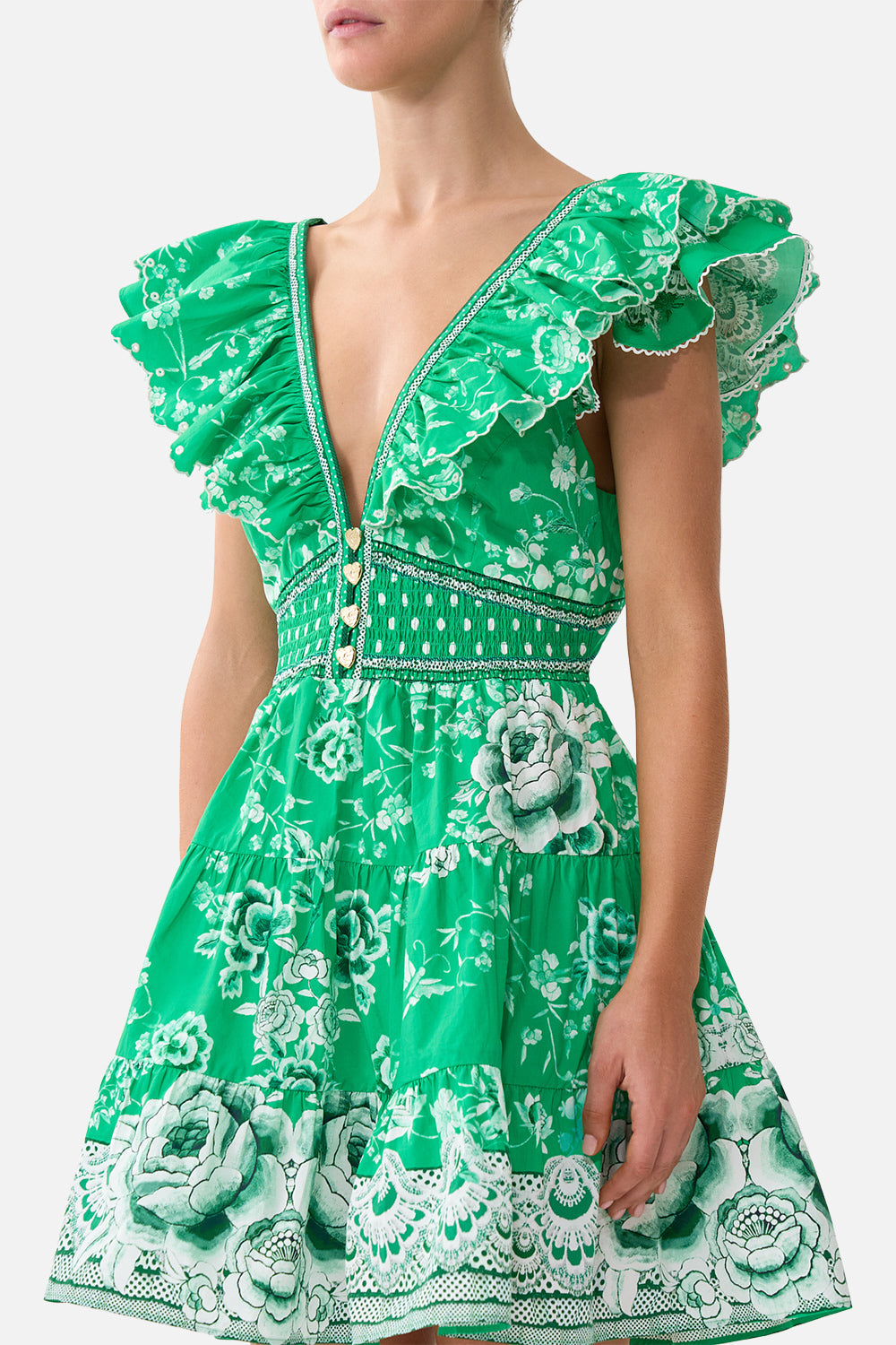 The CAMILLA tiered short dress with neck frill in our print Sacromonte Señorita.