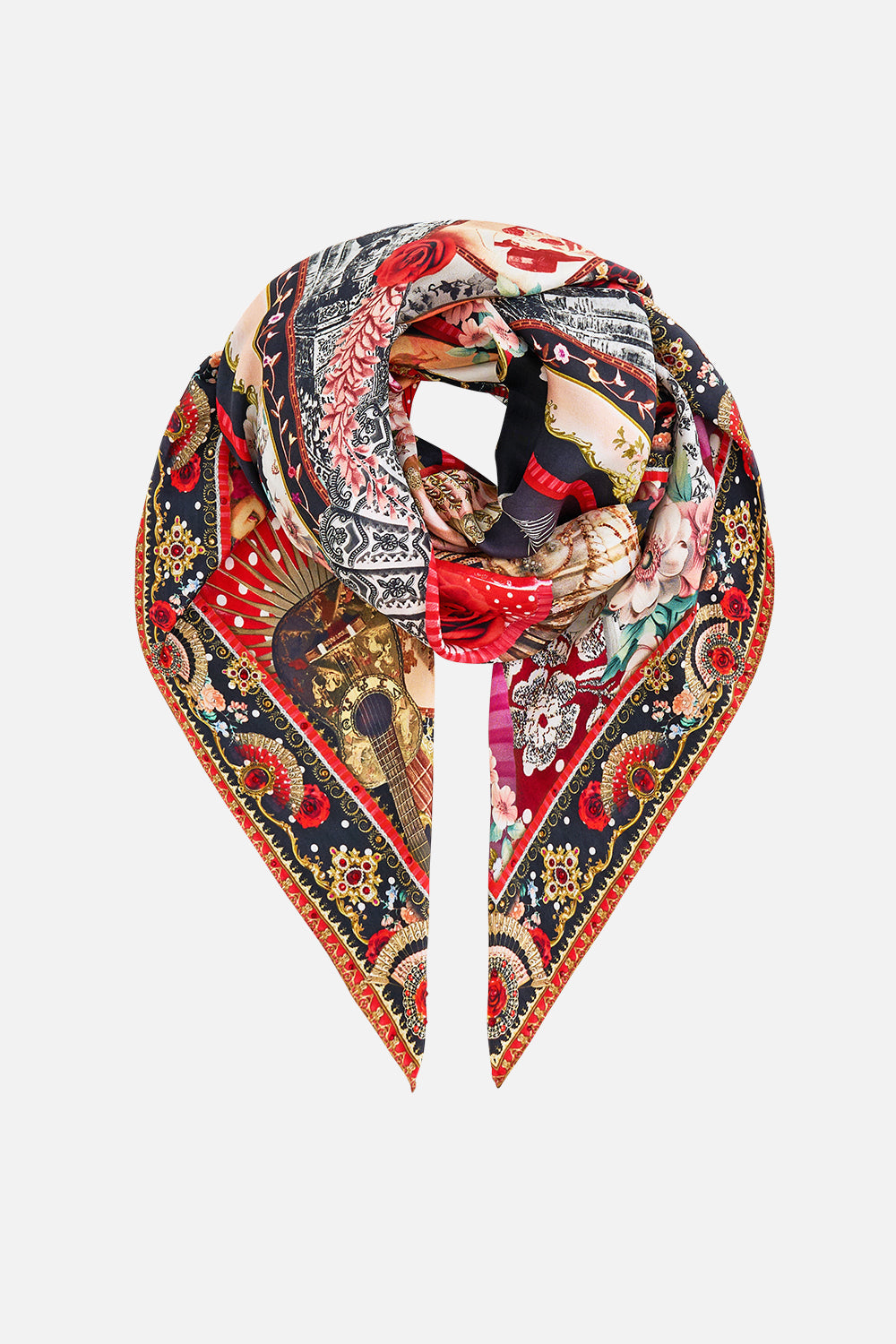 The CAMILLA LARGE CRYSTALLED SILK SQUARE SCARF DAUGHTERS OF DUENDE in our DAUGHTERS OF DUENDE print.