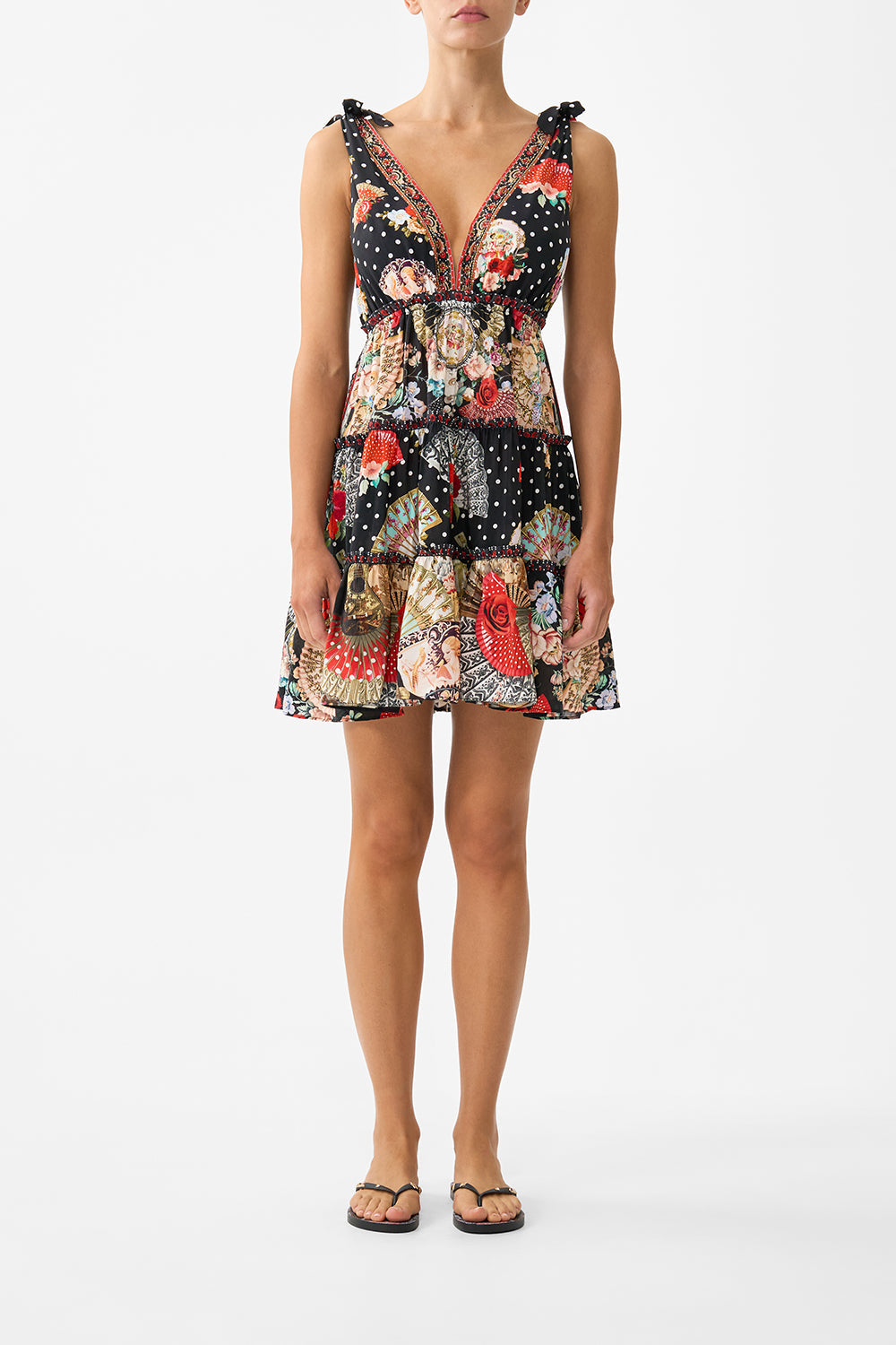 The CAMILLA TIERED SHORT DRESS WITH SHOULDER TIES DAUGHTERS OF DUENDE in our DAUGHTERS OF DUENDE print.