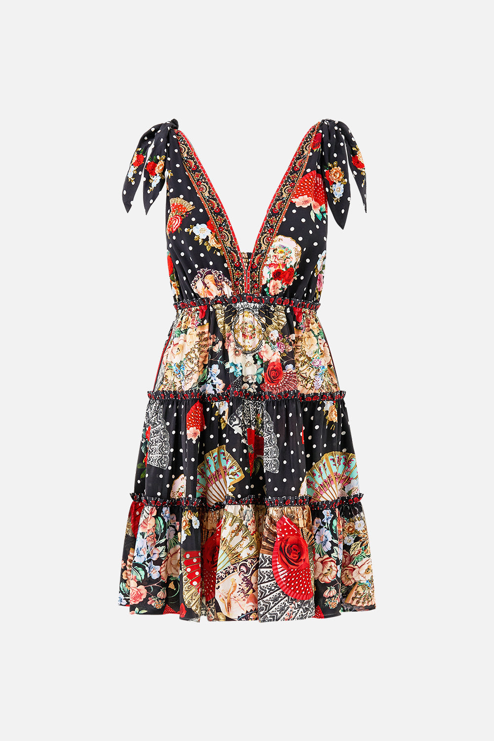 The CAMILLA TIERED SHORT DRESS WITH SHOULDER TIES DAUGHTERS OF DUENDE in our  print.