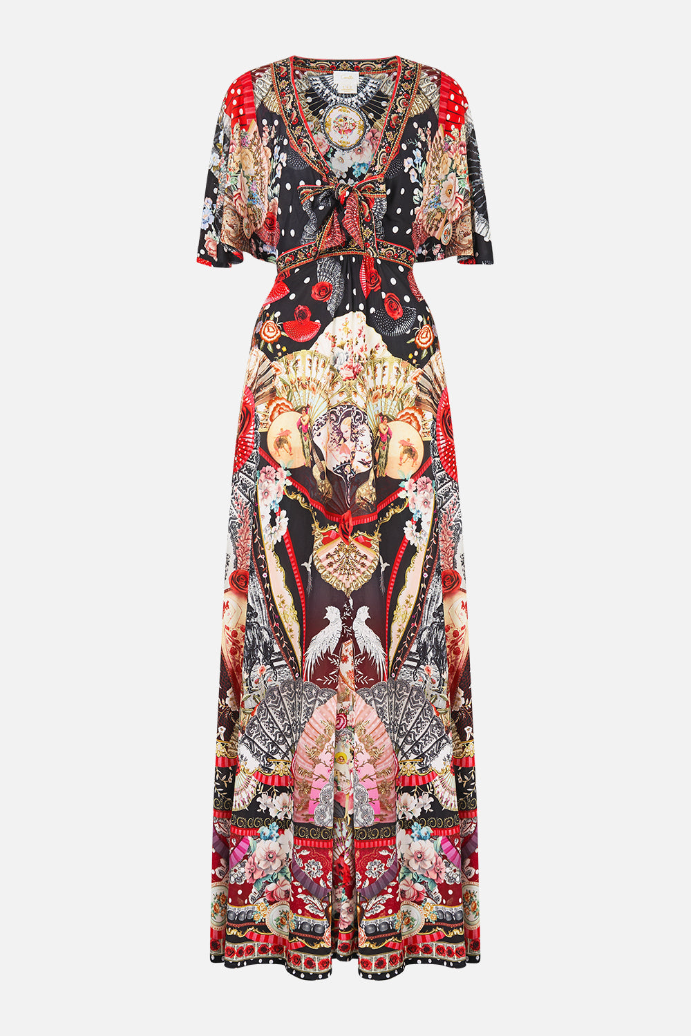 The CAMILLA flutter sleeve tie front jersey dress in our print Daughters of Duende. Front view.