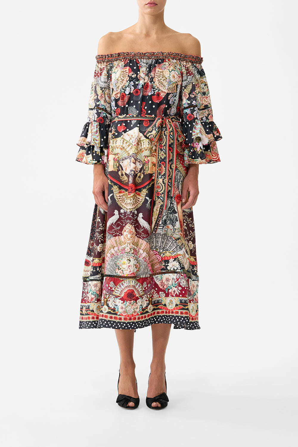 The CAMILLA OFF SHOULDER MIDI DRESS WITH FRILL SLEEVE DAUGHTERS OF DUENDE in our DAUGHTERS OF DUENDE print.