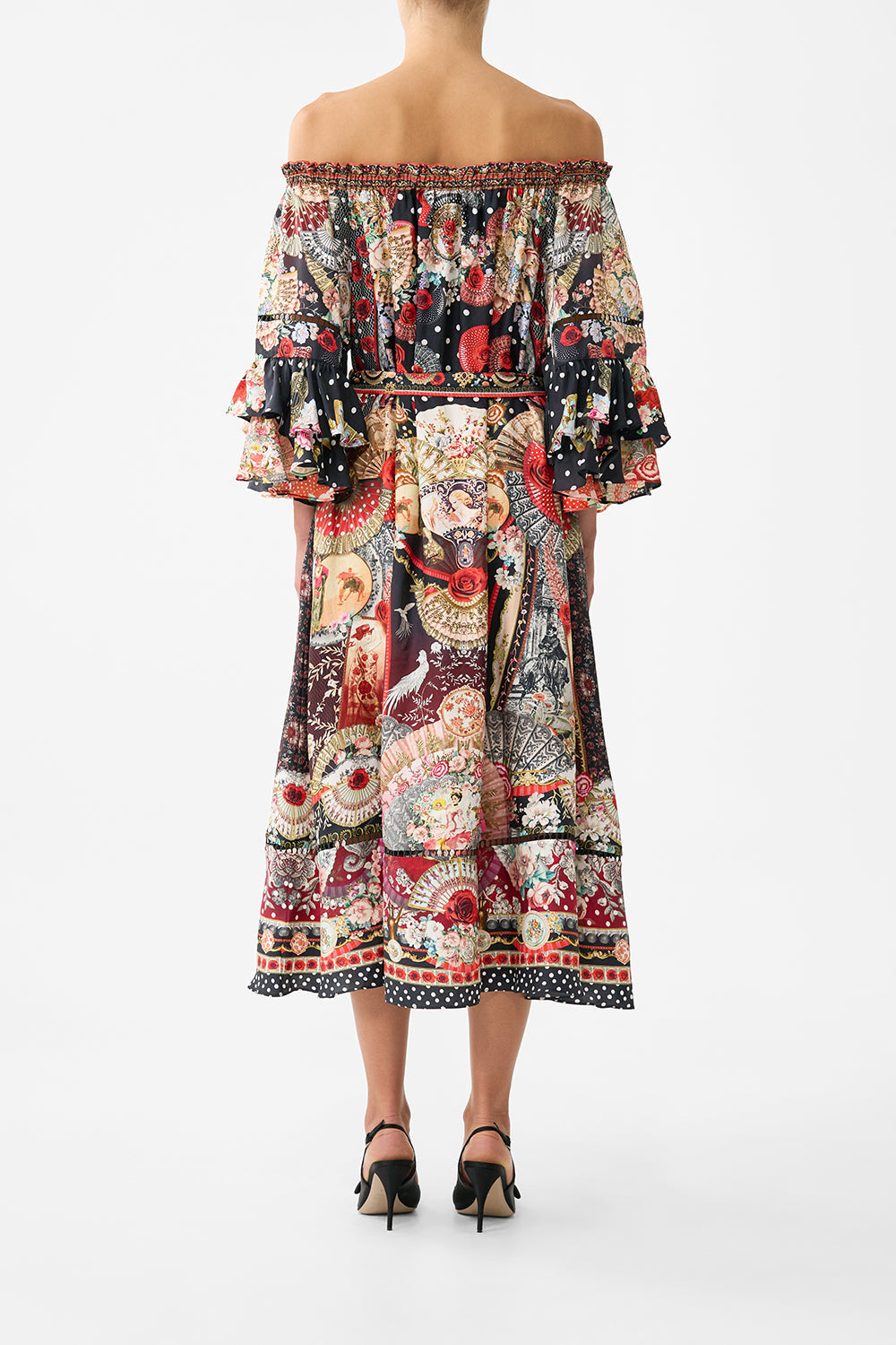 The CAMILLA OFF SHOULDER MIDI DRESS WITH FRILL SLEEVE DAUGHTERS OF DUENDE in our  print.