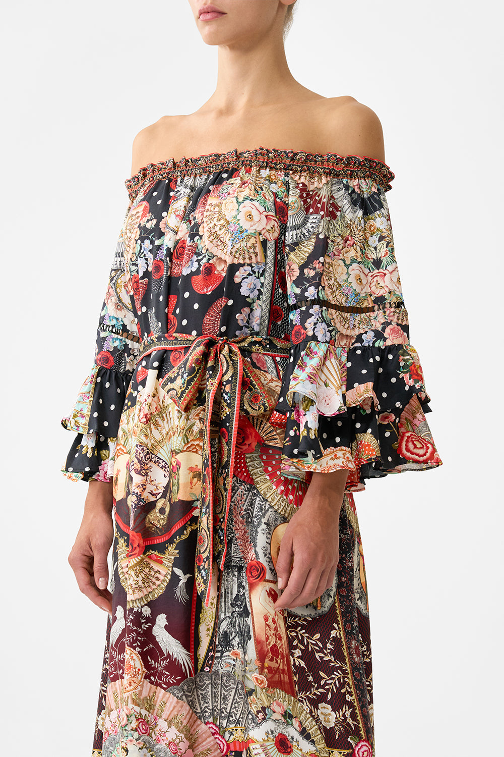 The CAMILLA OFF SHOULDER MIDI DRESS WITH FRILL SLEEVE DAUGHTERS OF DUENDE in our  print.