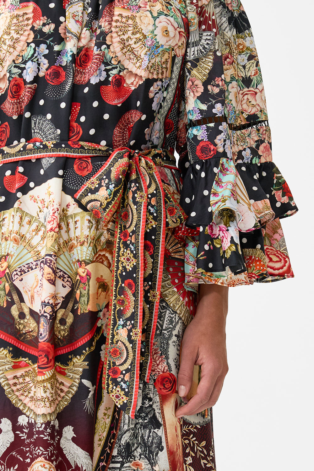The CAMILLA OFF SHOULDER MIDI DRESS WITH FRILL SLEEVE DAUGHTERS OF DUENDE in our  print.