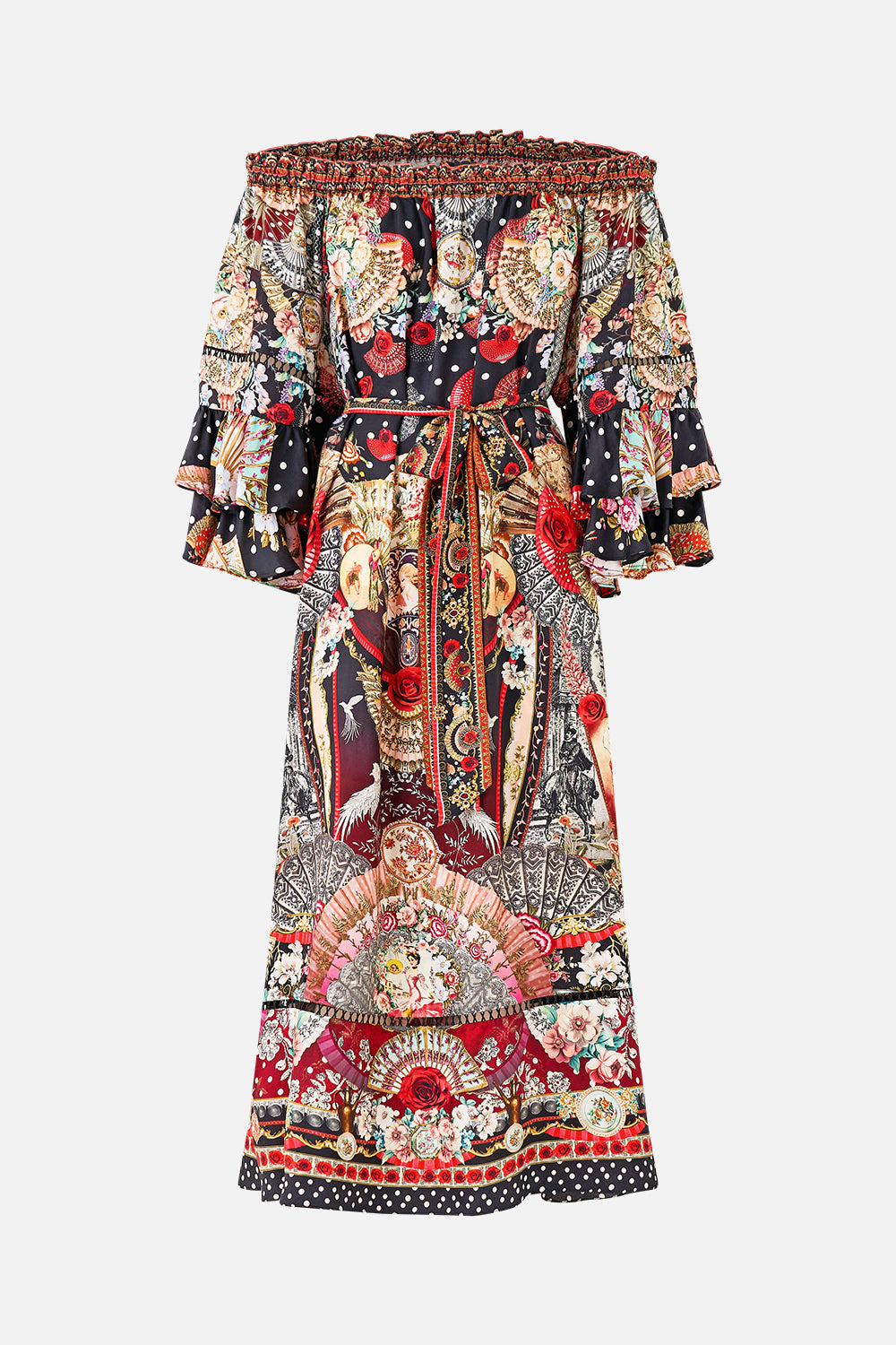The CAMILLA OFF SHOULDER MIDI DRESS WITH FRILL SLEEVE DAUGHTERS OF DUENDE in our  print.
