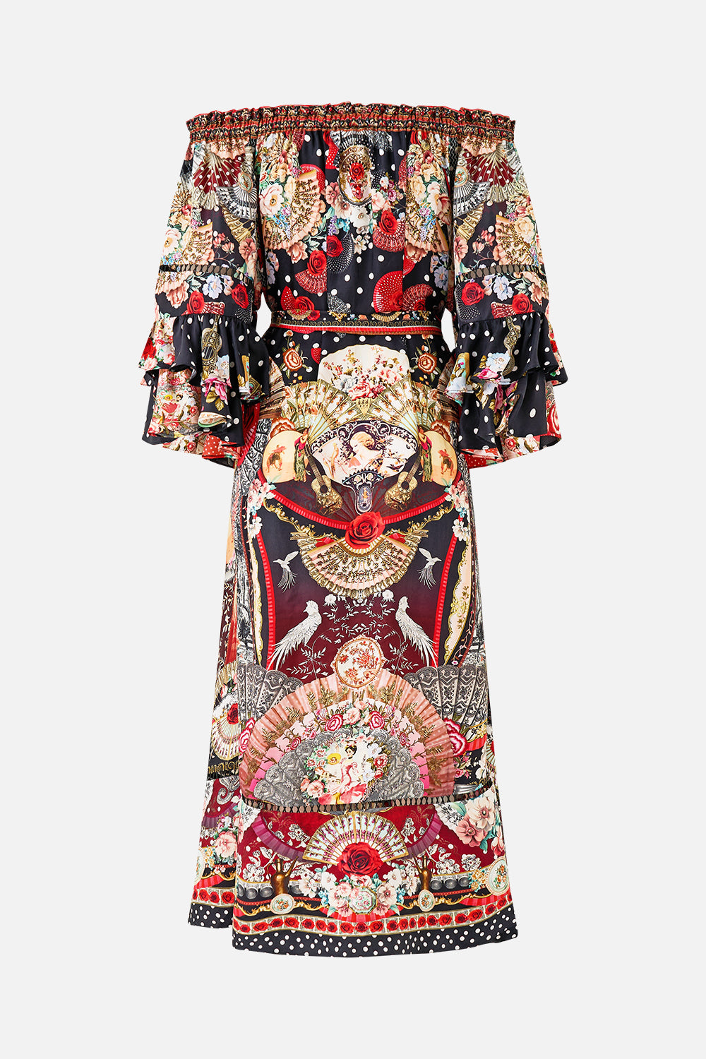 The CAMILLA OFF SHOULDER MIDI DRESS WITH FRILL SLEEVE DAUGHTERS OF DUENDE in our  print.