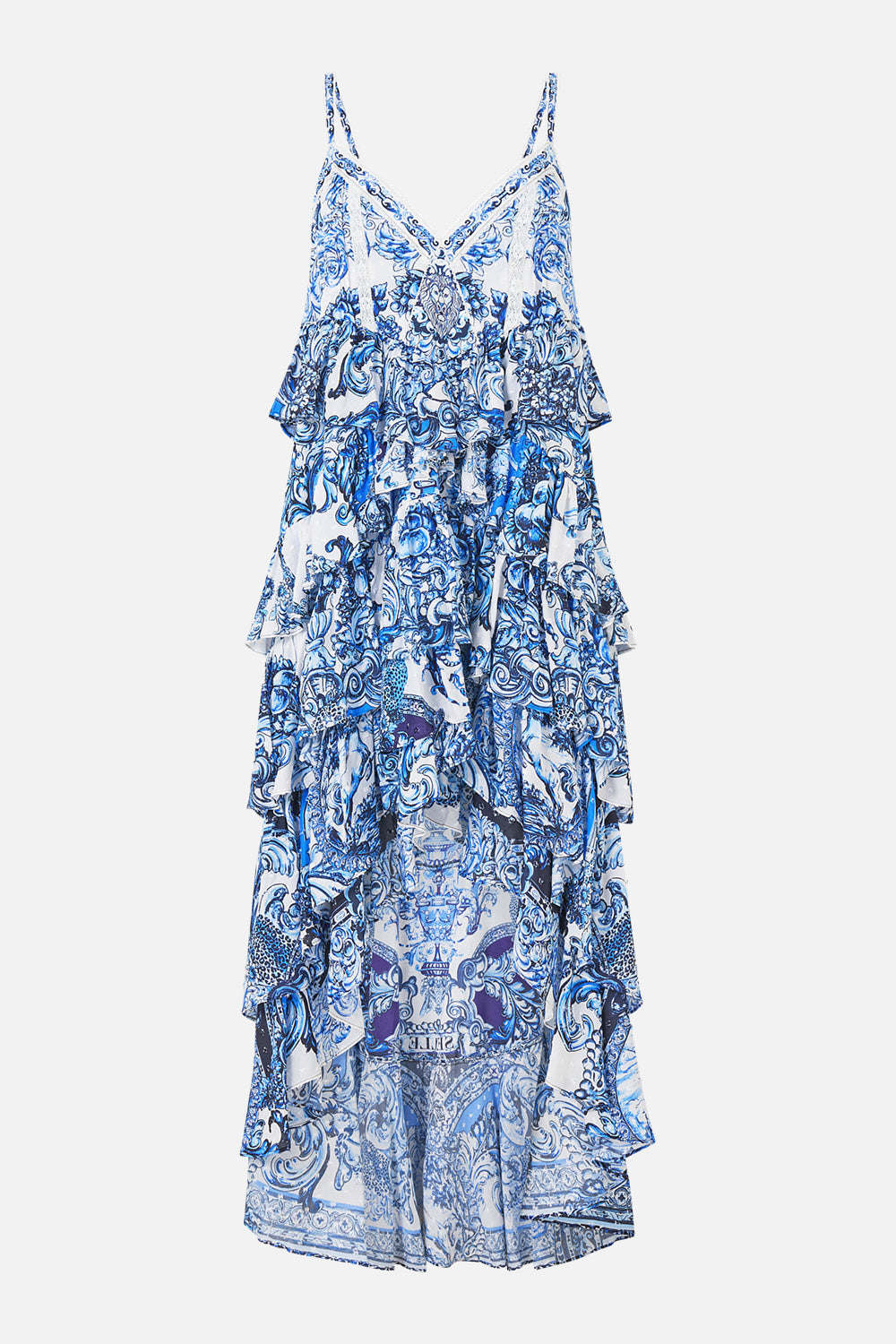 The CAMILLA V NECK RUFFLE HIGH LOW DRESS A TILED WONDERLAND in our  print.