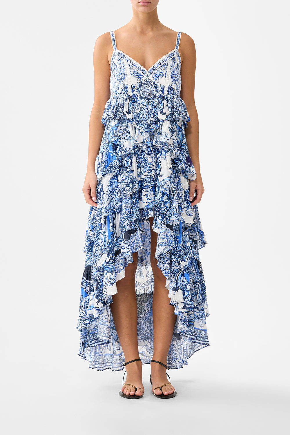 The CAMILLA V NECK RUFFLE HIGH LOW DRESS A TILED WONDERLAND in our A TILED WONDERLAND print.