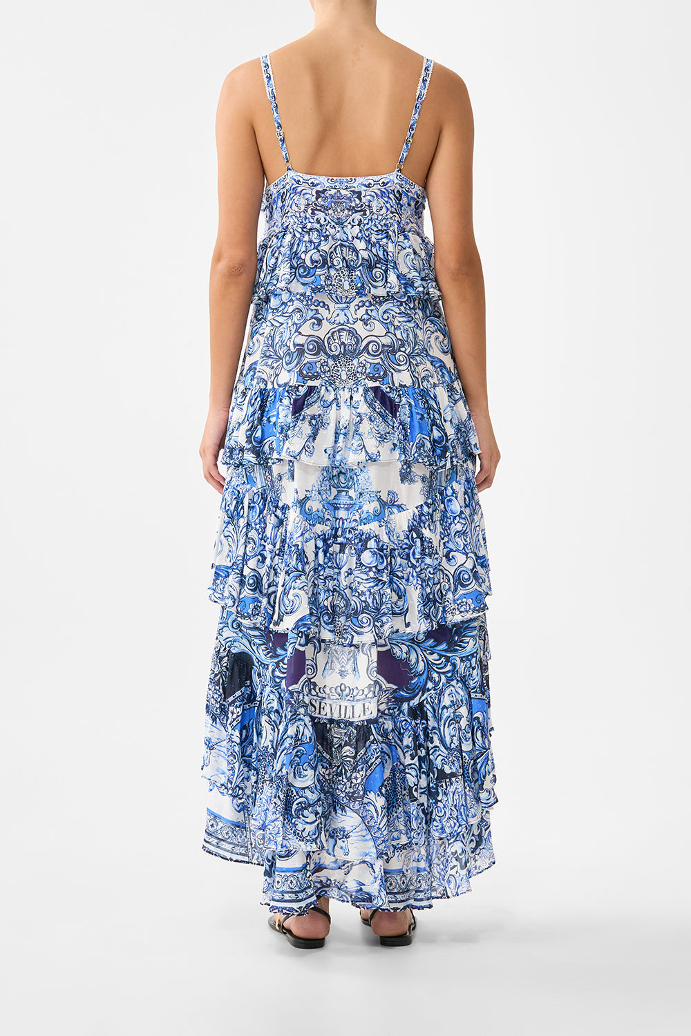 The CAMILLA V NECK RUFFLE HIGH LOW DRESS A TILED WONDERLAND in our  print.