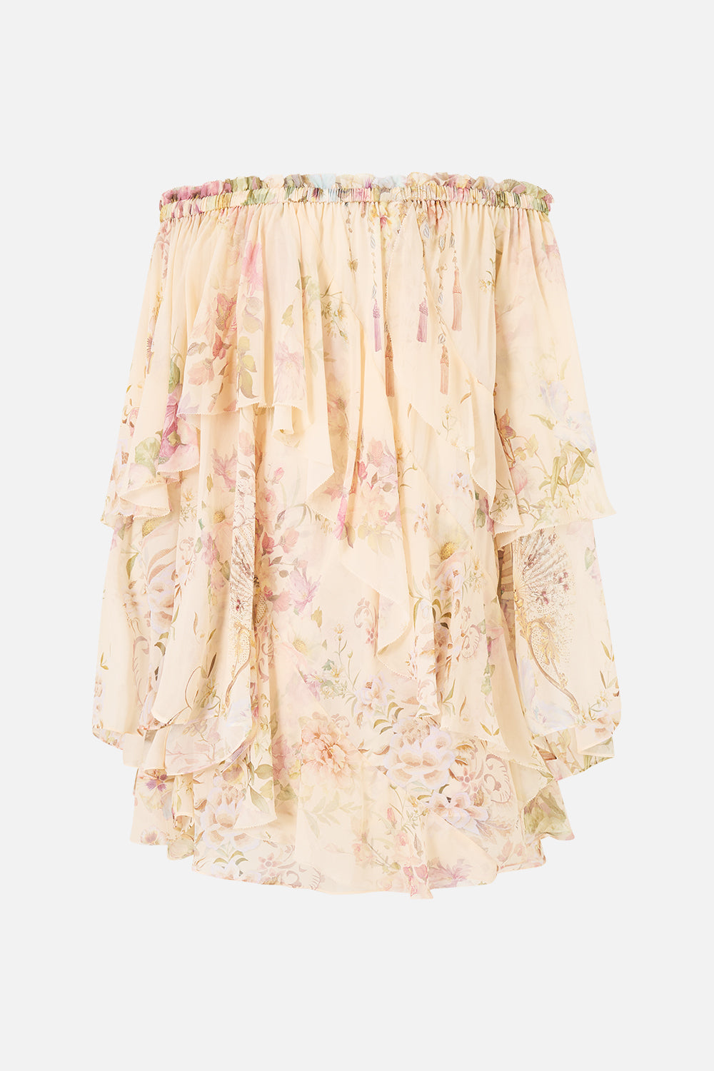 OFF SHOULDER ASSYMETRIC RUFFLE DRESS ADORNED IN ARANJUEZ