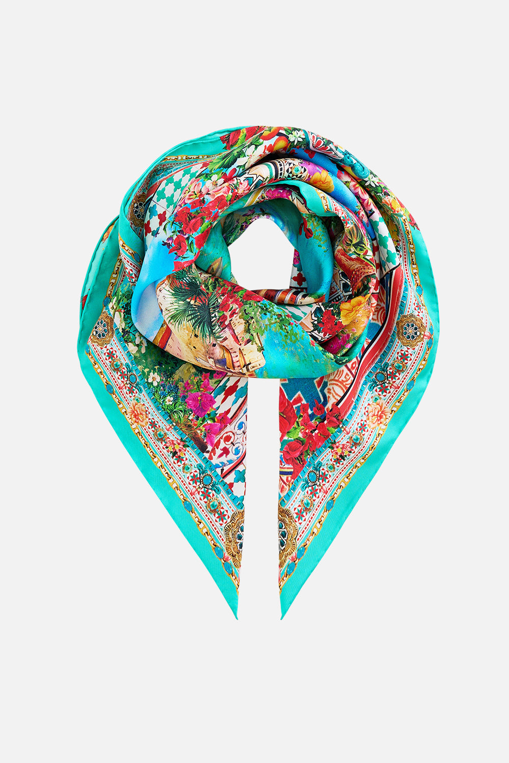 The CAMILLA PRINTED SILK TWILL SQUARE SCARF MEET ME IN MALLORCA in our MEET ME IN MALLORCA print.
