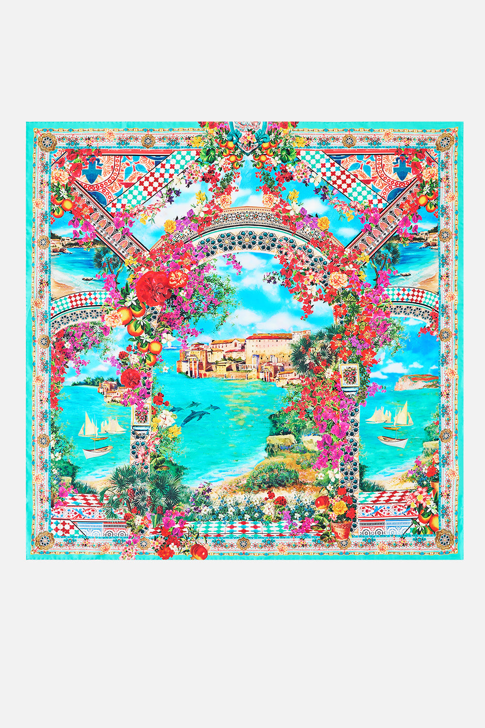 The CAMILLA PRINTED SILK TWILL SQUARE SCARF MEET ME IN MALLORCA in our  print.