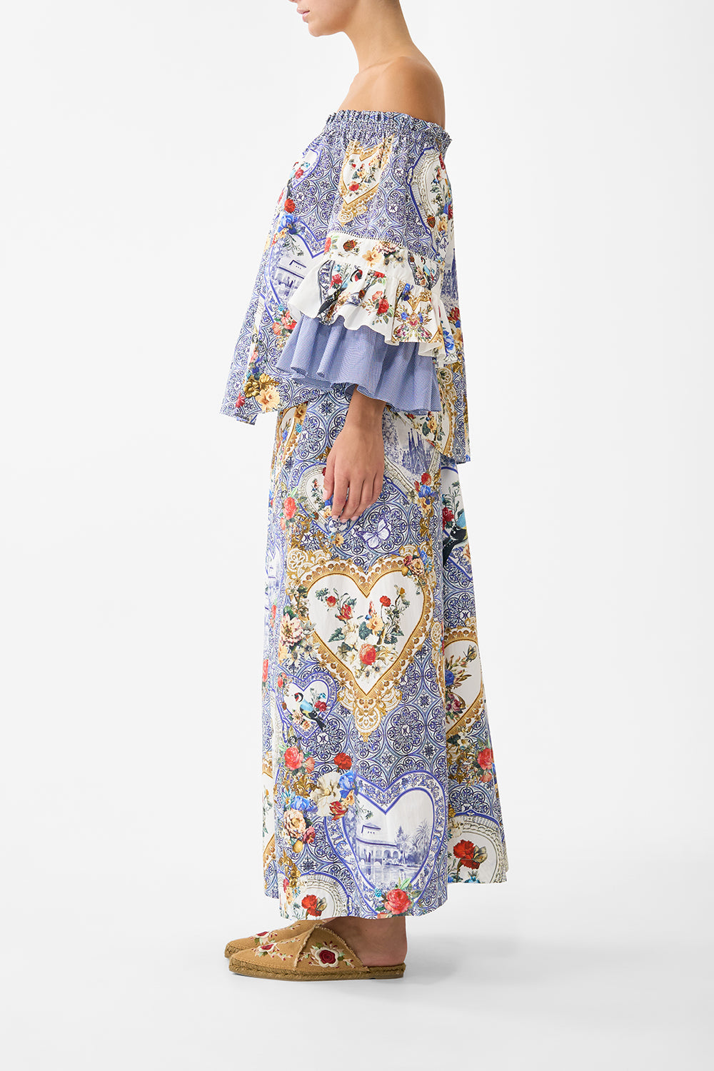 The CAMILLA OFF SHOULDER TOP WITH FRILL SLEEVE THE POTTERY PARLOUR in our  print.