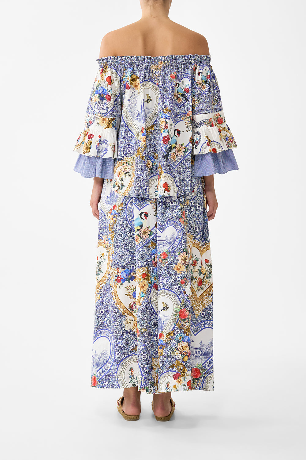 The CAMILLA OFF SHOULDER TOP WITH FRILL SLEEVE THE POTTERY PARLOUR in our  print.