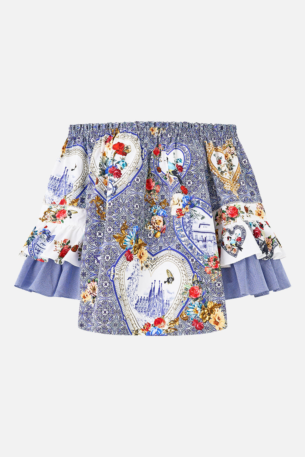 The CAMILLA OFF SHOULDER TOP WITH FRILL SLEEVE THE POTTERY PARLOUR in our  print.