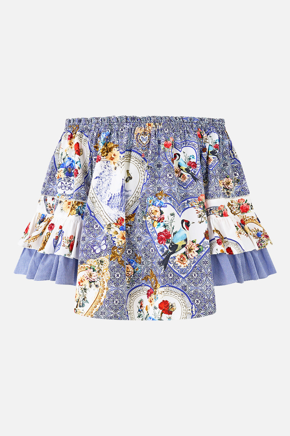The CAMILLA OFF SHOULDER TOP WITH FRILL SLEEVE THE POTTERY PARLOUR in our  print.