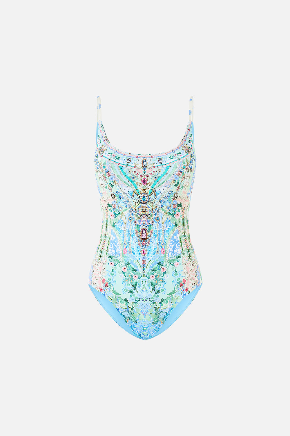 The CAMILLA SCOOP NECK ONE PIECE WITH SCOOP BACK MIDSUMMER MOSAICS in our  print.