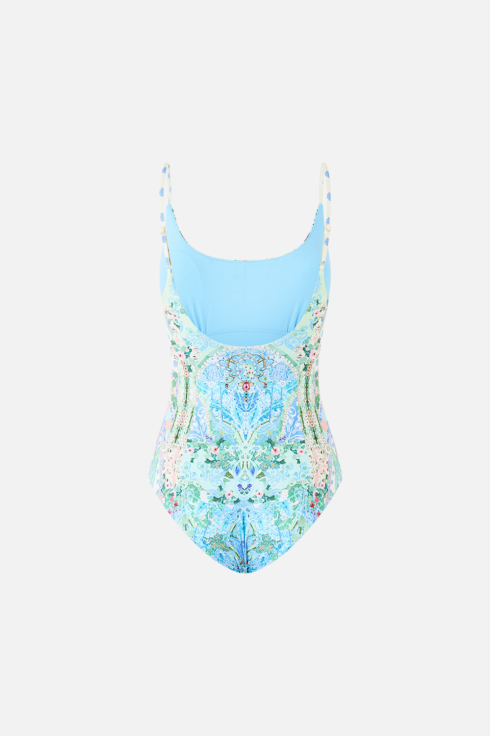 The CAMILLA SCOOP NECK ONE PIECE WITH SCOOP BACK MIDSUMMER MOSAICS in our  print.