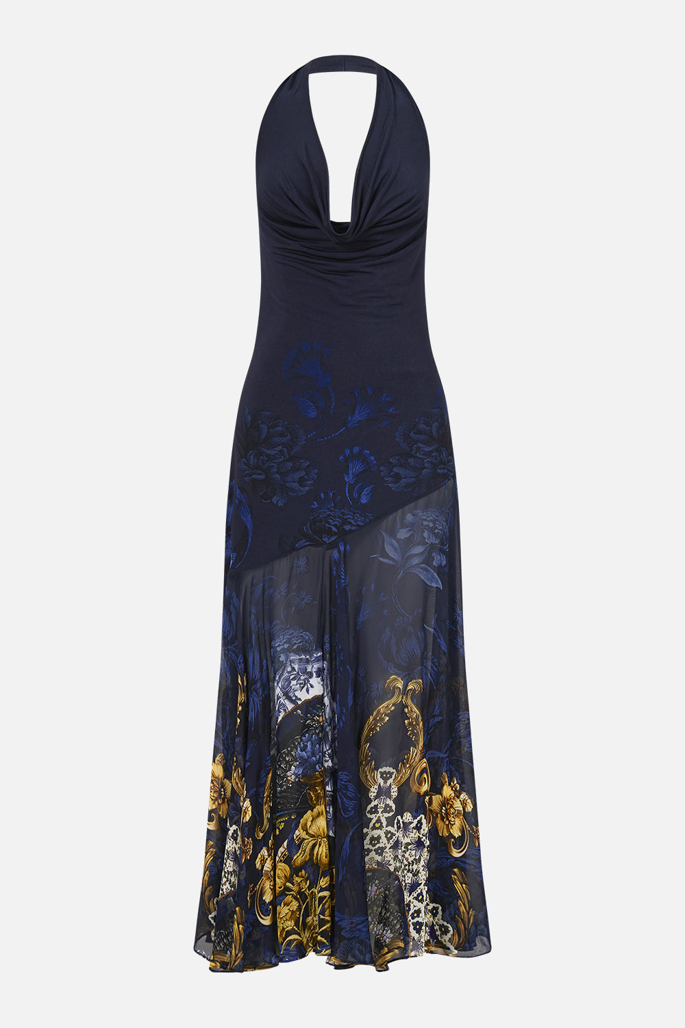 The CAMILLA cowl neck halter dress in our print Notes from the Blue Room. Front view.