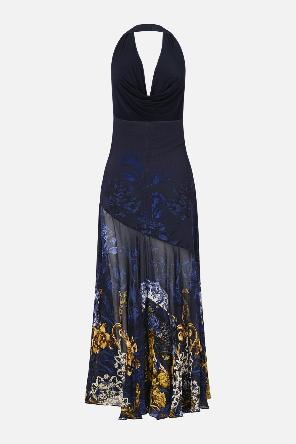 The CAMILLA cowl neck halter dress in our print Notes from the Blue Room.