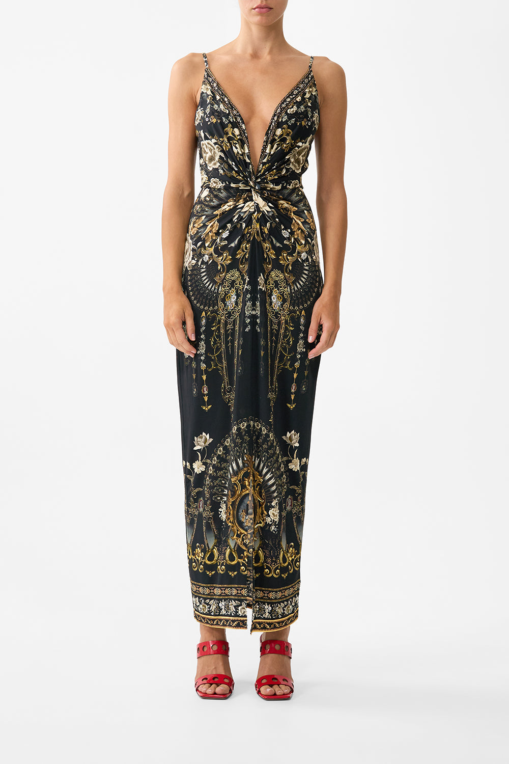 The CAMILLA STRAPPY DRESS WITH TWIST FRONT FLAMENCO FOLKLORE in our FLAMENCO FOLKLORE print.