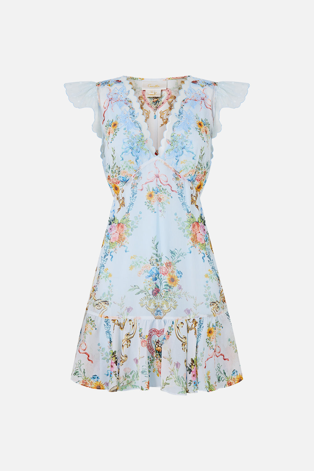 The CAMILLA ruffle sleeve short dress in our print Seville Sweetheart. Front view.